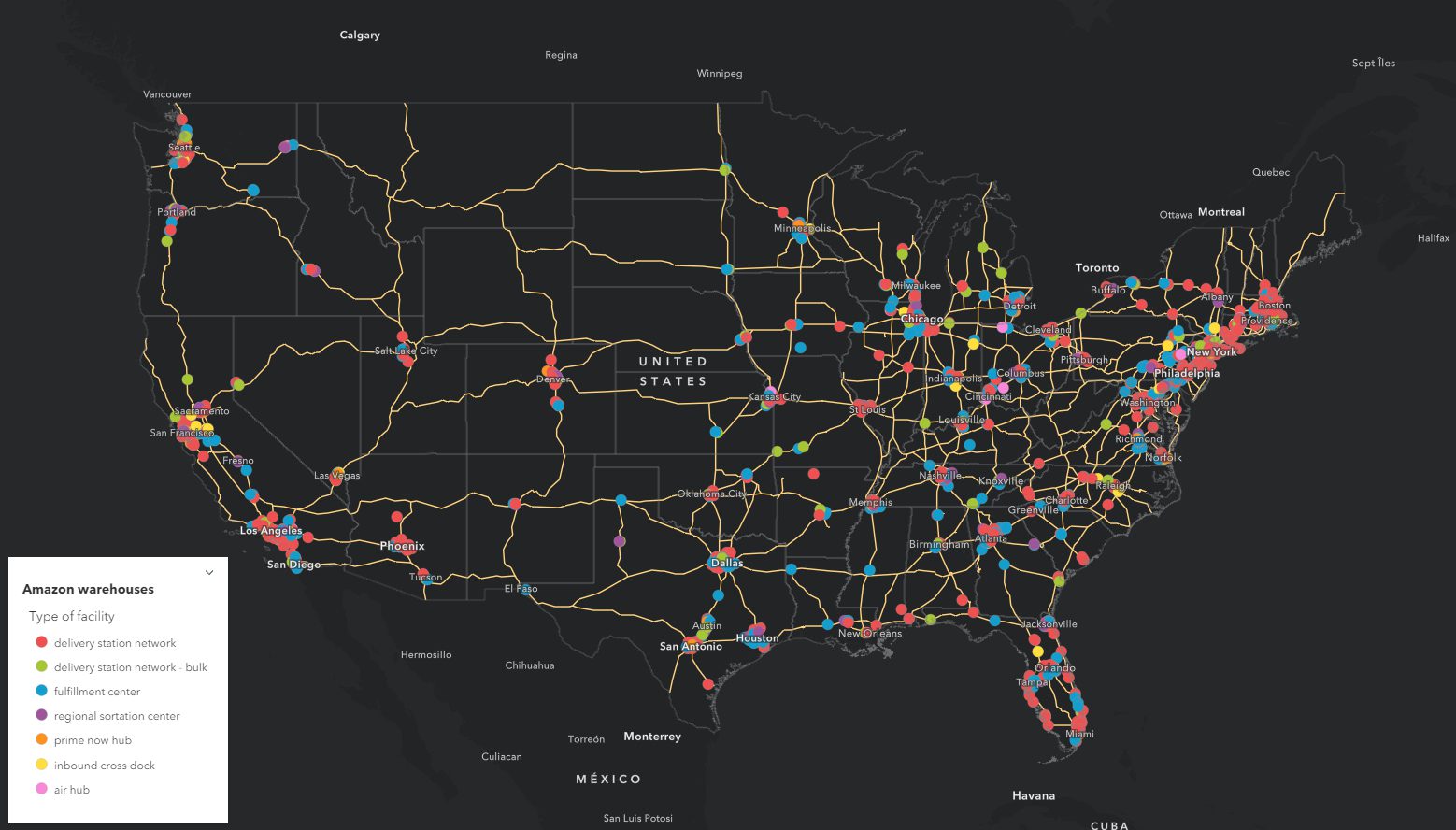 Map of the U.S. shows how Amazon locates along major highways, to have easy access to customers.