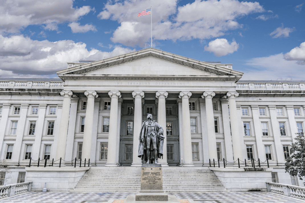 Image of the front of the Treasury Department 