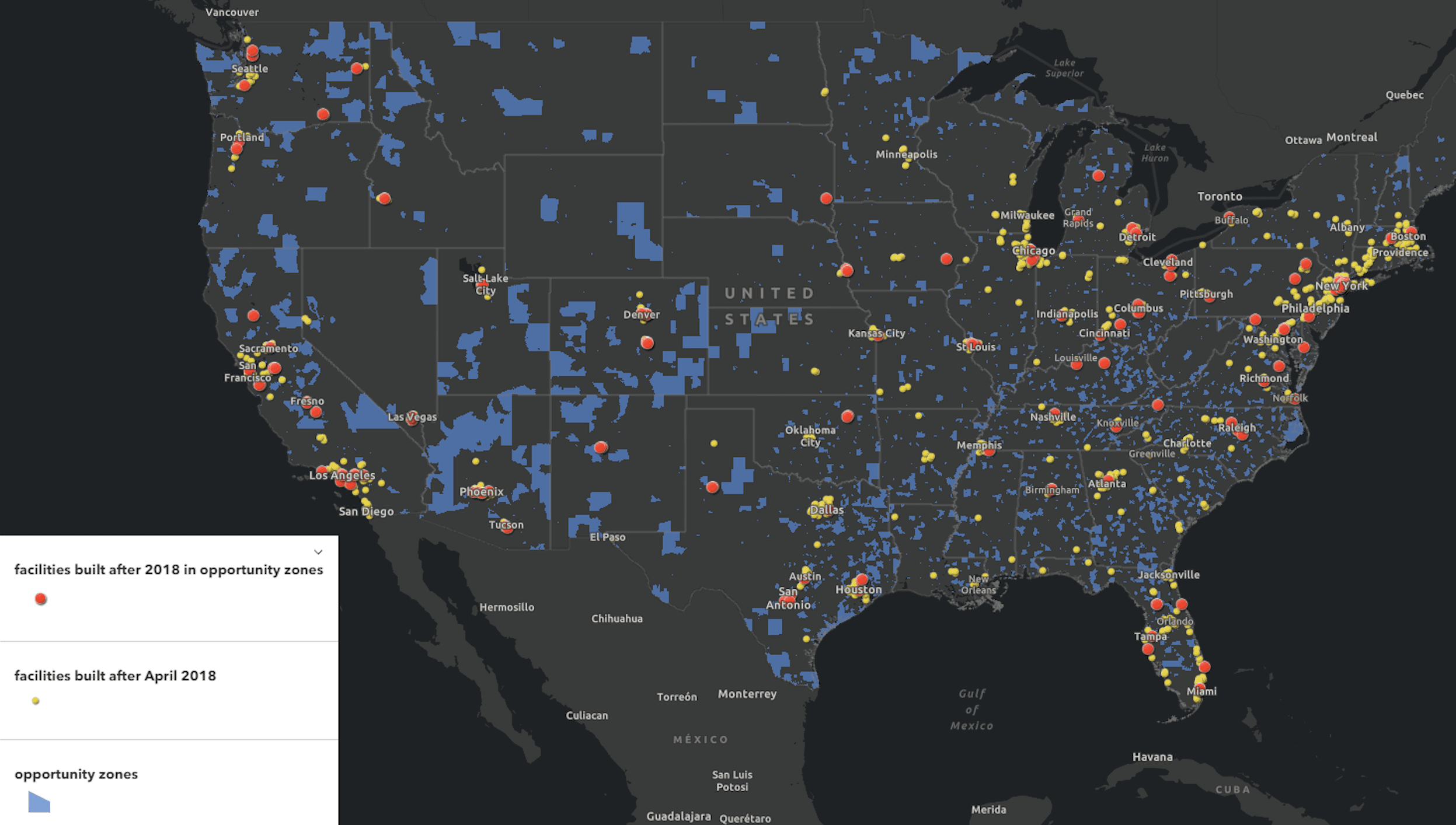 Map of the U.S. shows blue squares where Opportunity Zones are located, and blue and yellow dots for Amazon warehouses.