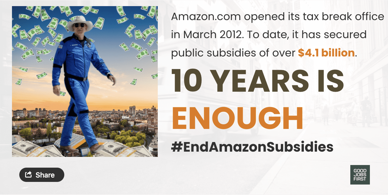 Image of Jeff Bezos with money falling down all around and the hashtag #EndAmazonSubsidies