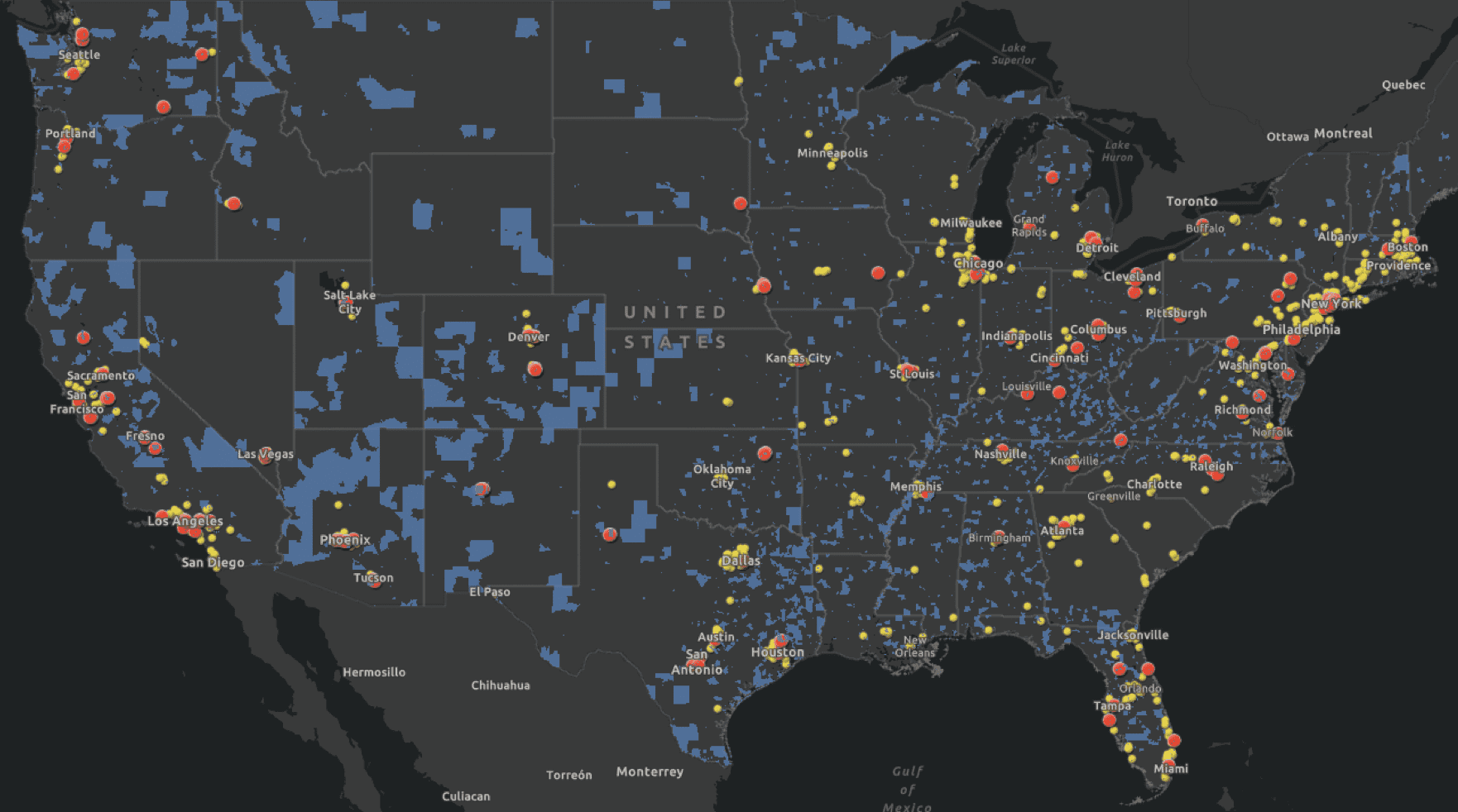 Map of United States shows where Amazon locates its warehouses in Opportunity Zones.